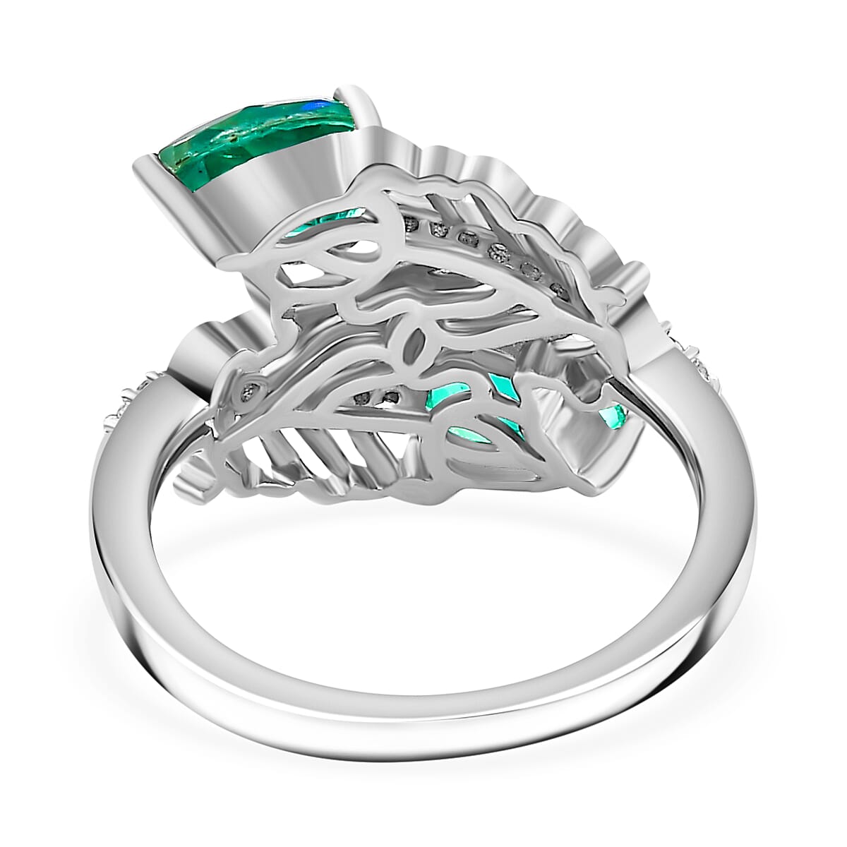 Peacock Triplet Quartz & White Zircon Bypass Ring in Rhodium Overlay Sterling Silver 1.90 Ct.