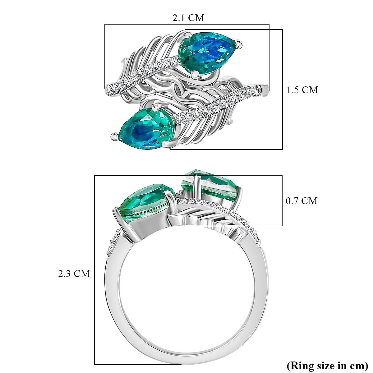 Peacock Triplet Quartz & White Zircon Bypass Ring in Rhodium Overlay Sterling Silver 1.90 Ct.