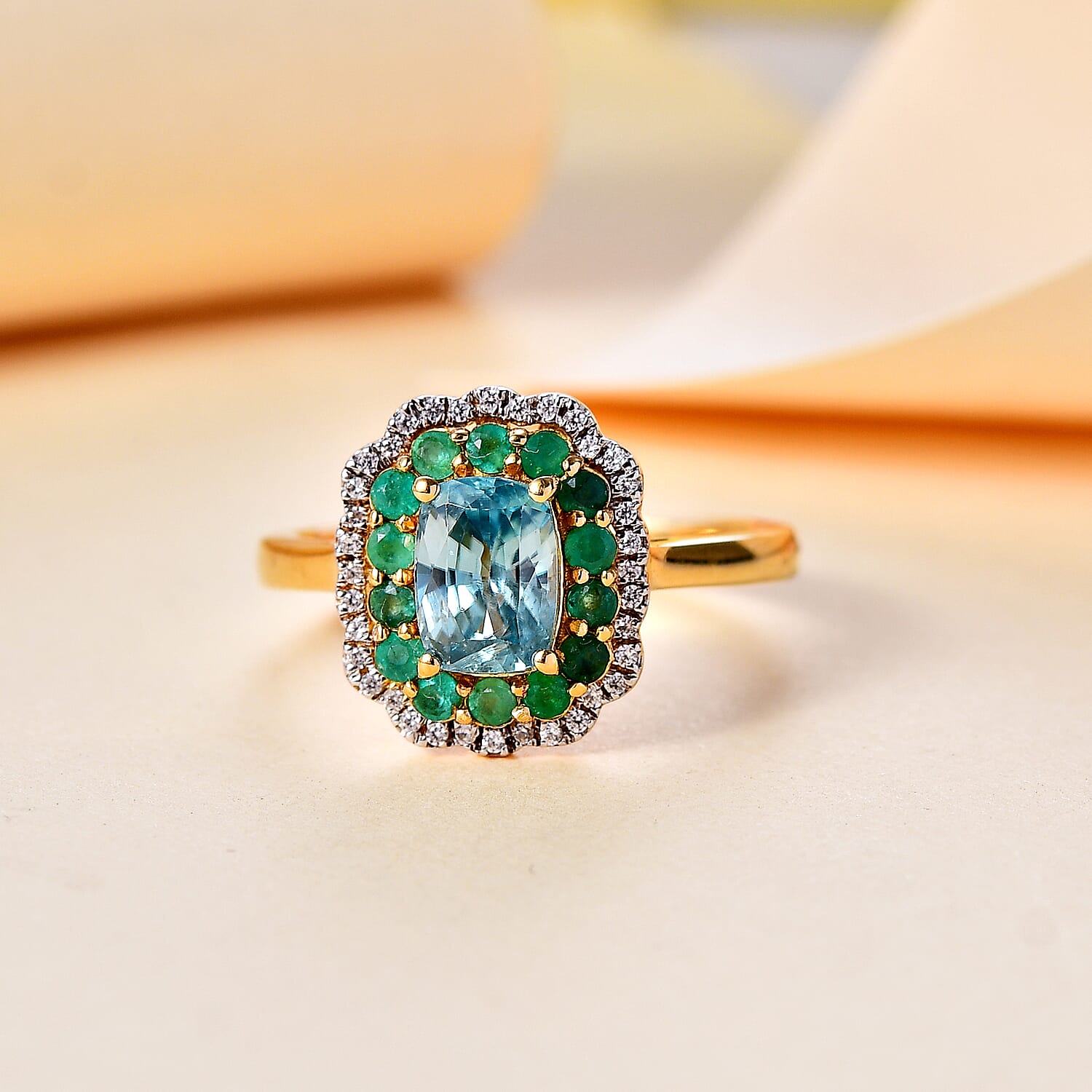 Blue Zircon, Emerald & White Zircon Ring in 18K Vermeil Yellow Gold Plated Sterling Silver 3.33 Ct