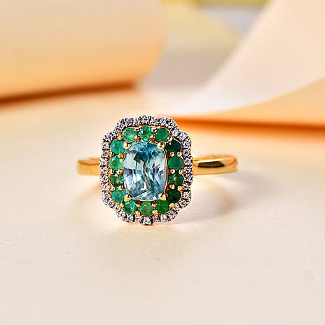 Blue Zircon, Emerald & White Zircon Halo Ring in 18K Vermeil Yellow Gold Plated Sterling Silver 3.26 Ct