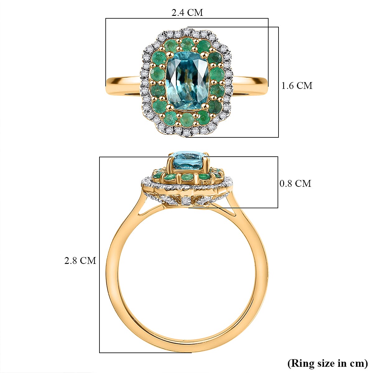 Blue Zircon, Emerald & White Zircon Ring in 18K Vermeil Yellow Gold Plated Sterling Silver 3.33 Ct