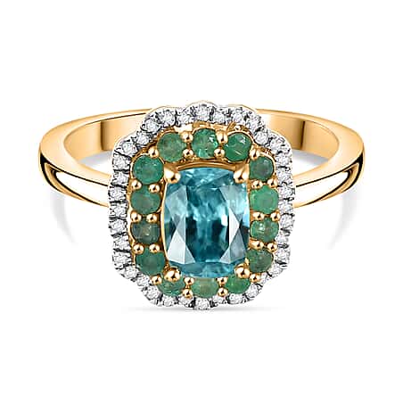 Blue Zircon, Emerald, White Zircon Halo Ring in 18K Yellow Gold Vermeil Plated Sterling Silver 3.26 Ct