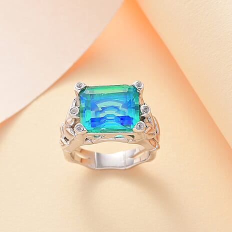 Peacock Triplet Quartz, White Zircon Solitaire Ring in Rhodium Sterling Silver 6.59 Ct.