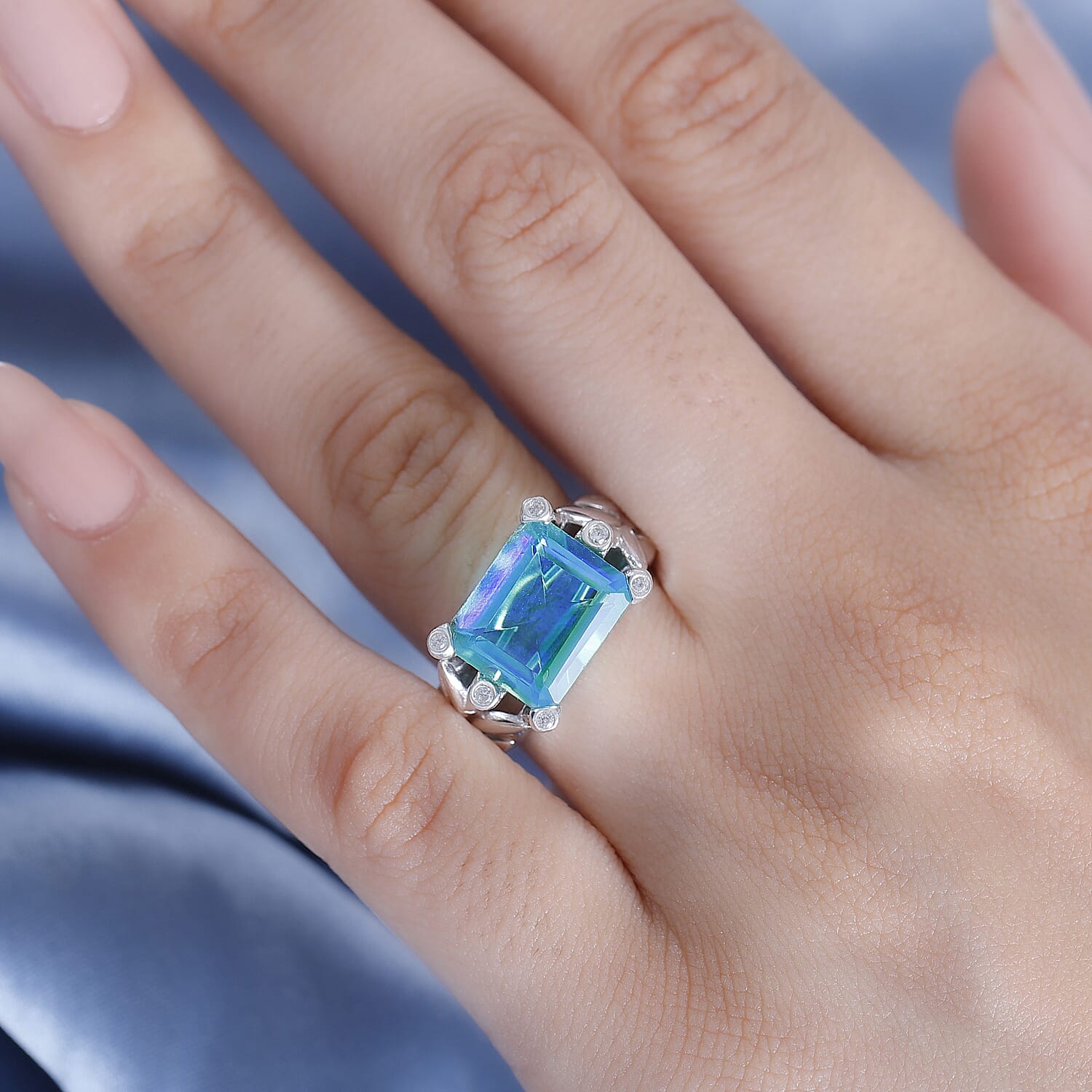 Peacock Triplet Quartz, White Zircon Solitaire Ring in Rhodium Sterling Silver 6.59 Ct.