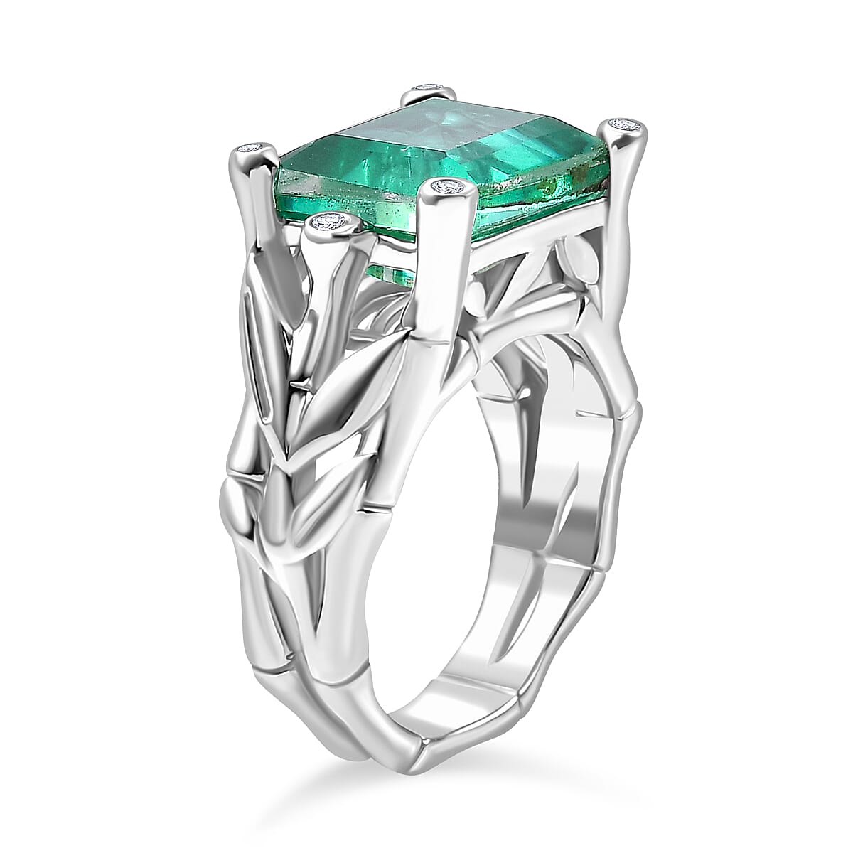 Peacock Triplet Quartz, White Zircon Solitaire Ring in Rhodium Sterling Silver 6.59 Ct.