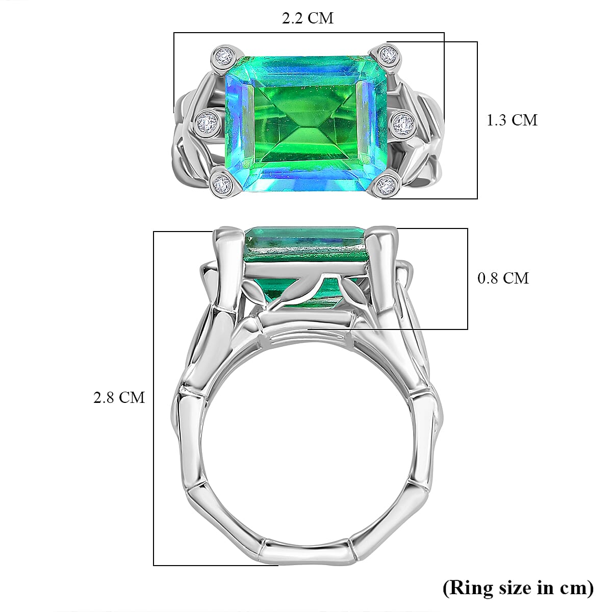 Peacock Triplet Quartz, White Zircon Solitaire Ring in Rhodium Sterling Silver 6.59 Ct.