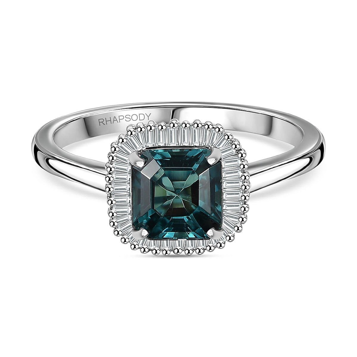 RHAPSODY 950 Platinum  AAAA  ASSCHER CUT Mutuca Indicolite (1.65 Ct) & Diamond VS- EF(0.20 CT) Ring - 1.85 ct, Platinum Wt. 5.06 Gms