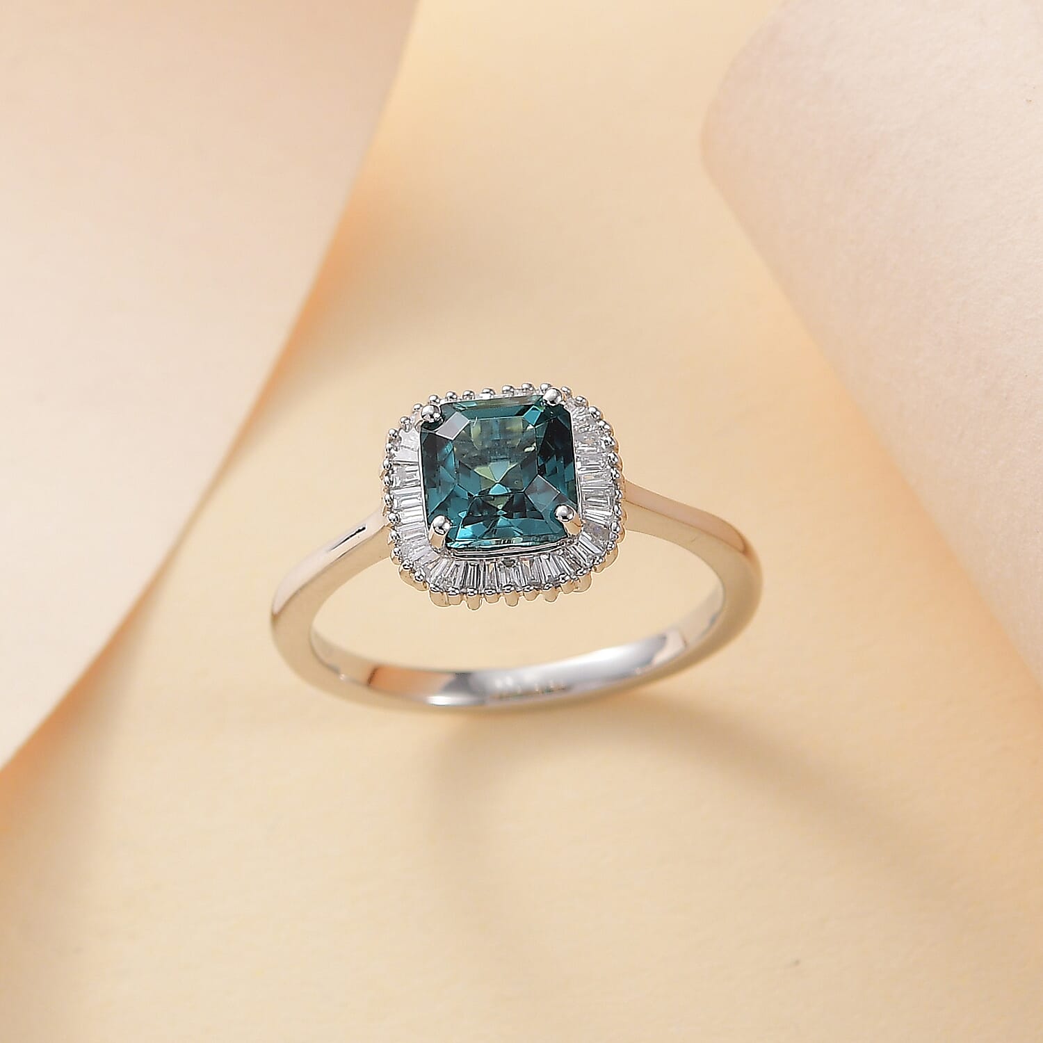 RHAPSODY 950 Platinum  AAAA  ASSCHER CUT Mutuca Indicolite (1.65 Ct) & Diamond VS- EF(0.20 CT) Ring - 1.85 ct, Platinum Wt. 5.06 Gms