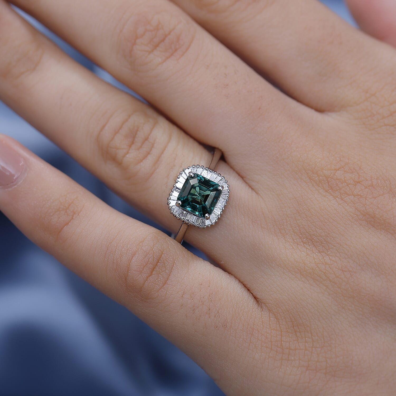 RHAPSODY 950 Platinum  AAAA  ASSCHER CUT Mutuca Indicolite (1.65 Ct) & Diamond VS- EF(0.20 CT) Ring - 1.85 ct, Platinum Wt. 5.06 Gms