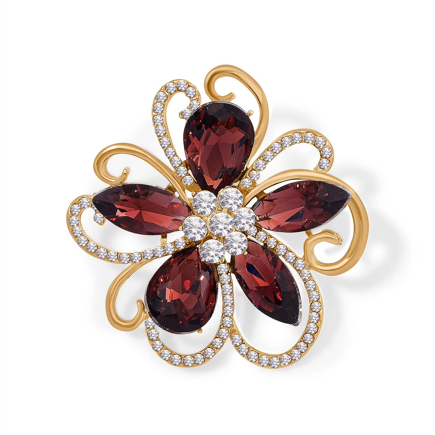 Burgundy Crystal  White Crystal Floral Brooch