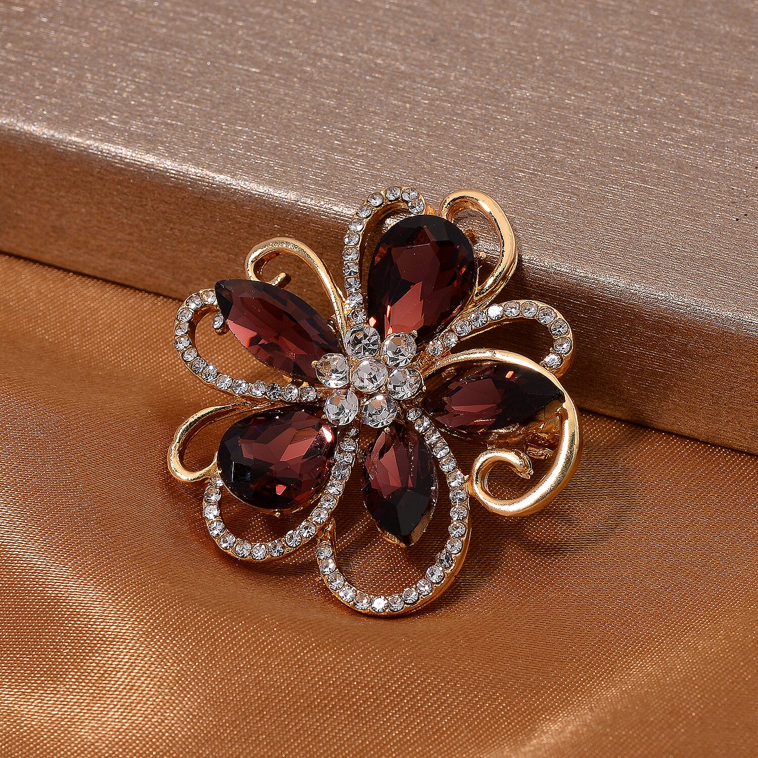 Burgundy Crystal  White Crystal Floral Brooch