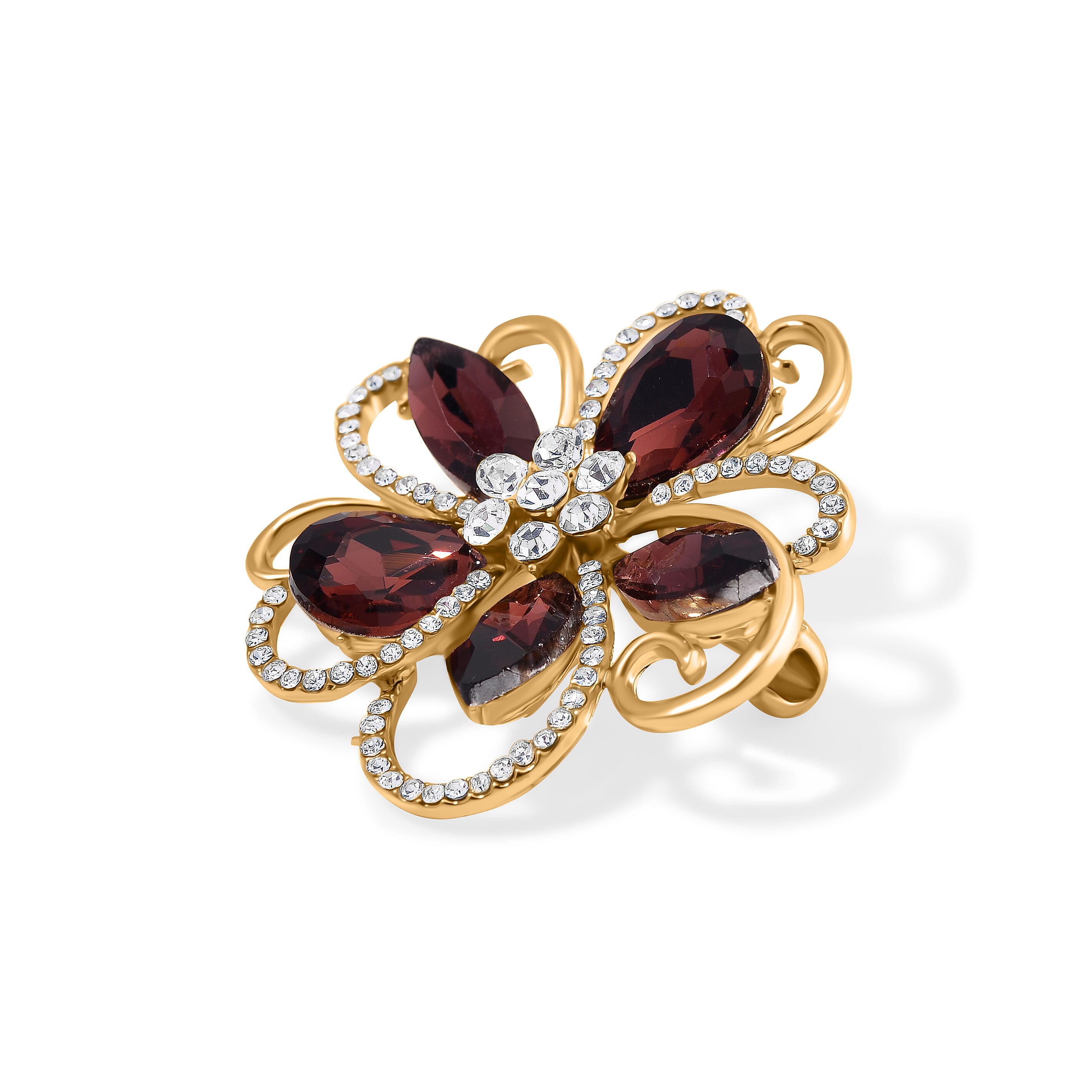 Burgundy Crystal  White Crystal Floral Brooch