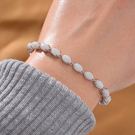 White Jade Linking Bracelet (Size - 8) in Rhodium Overlay Sterling Silver 18.62 Ct, Silver Wt.6.20 Gms.