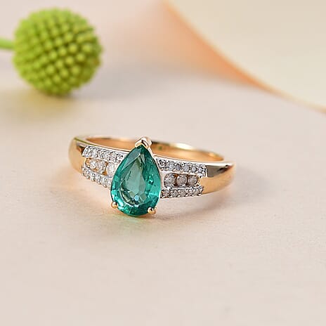 14K Yellow Gold  AAA Zambian Emerald and Diamond Ring 1.19 Ct