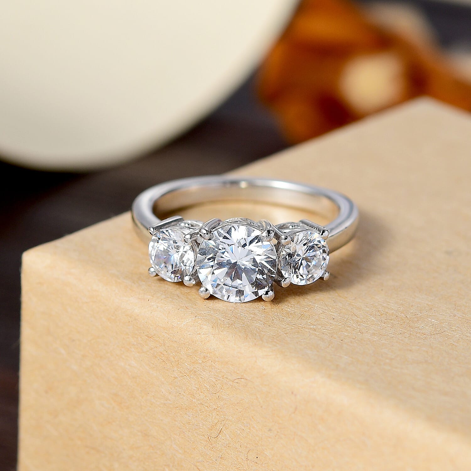 J Francis - Swarovski Zirconia 3 Stone Ring in Rhodium Overlay Sterling Silver 3.75 Ct.