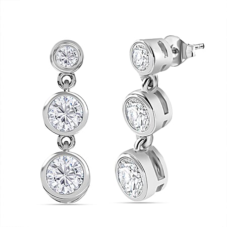 J Francis - SWAROVSKI ZIRCONIA 3-Stone Dangling Earrings in Rhodium Plated Sterling Silver 3.45 ct.