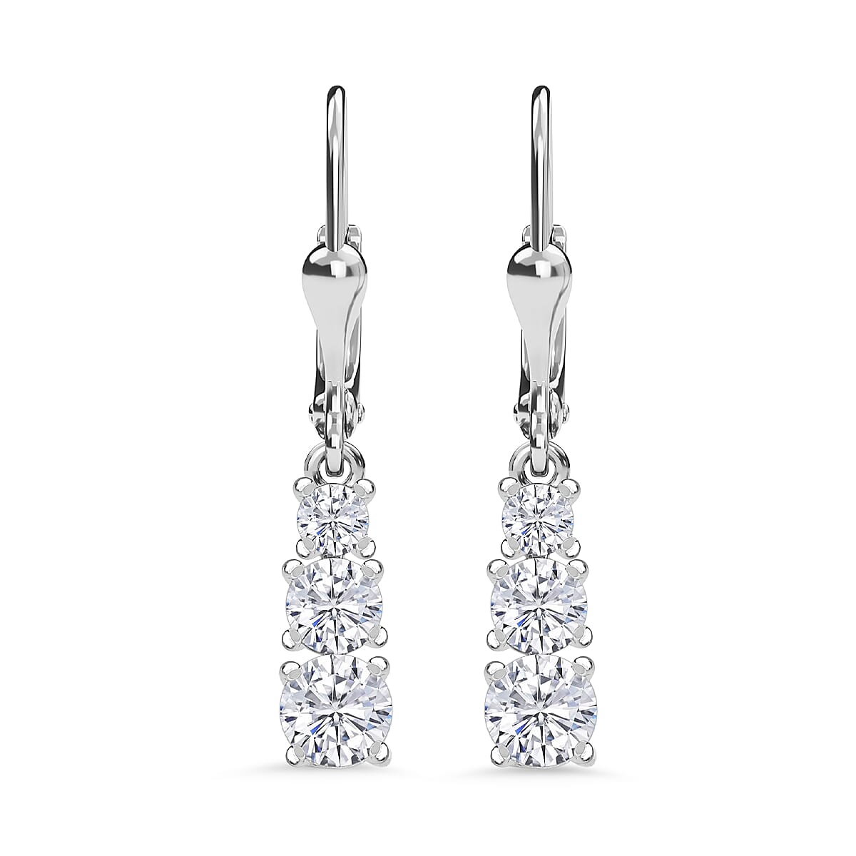 J Francis - Swarovski Zirconia  3-Stone Dangle Earrings With Lever Back in Rhodium Overlay Sterling Silver 3.01 Ct.