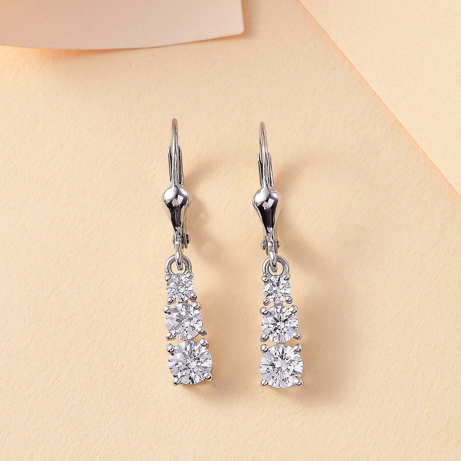 J Francis - Swarovski Zirconia  3-Stone Dangle Earrings With Lever Back in Rhodium Overlay Sterling Silver 3.01 Ct.