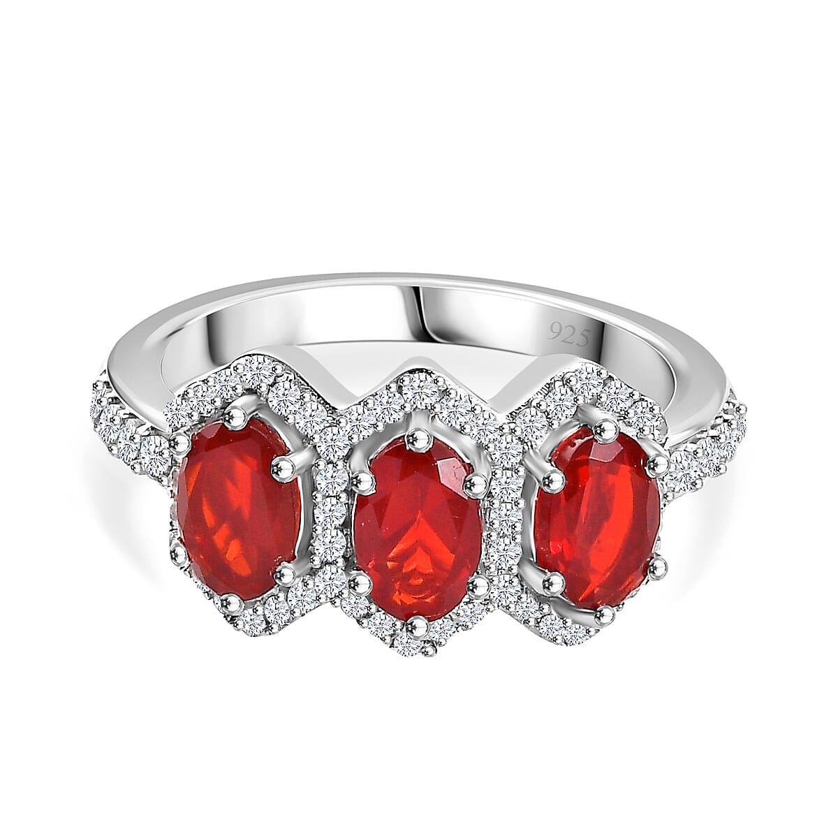 Salamanca Fire Opal & White Zircon Trilogy Ring in Rhodium Overlay Sterling Silver 2.26 Ct.