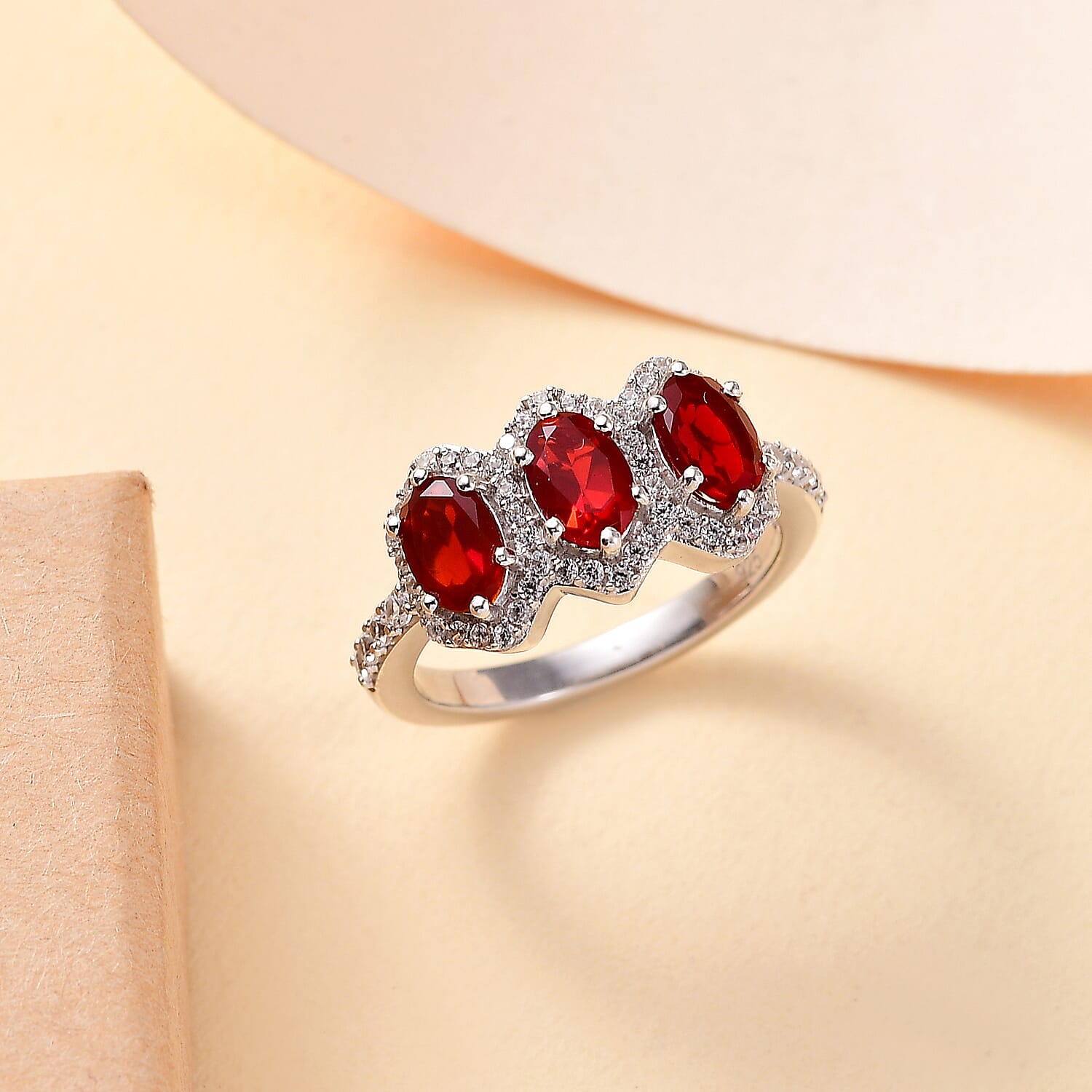 Salamanca Fire Opal & White Zircon Trilogy Ring in Rhodium Overlay Sterling Silver 2.26 Ct.
