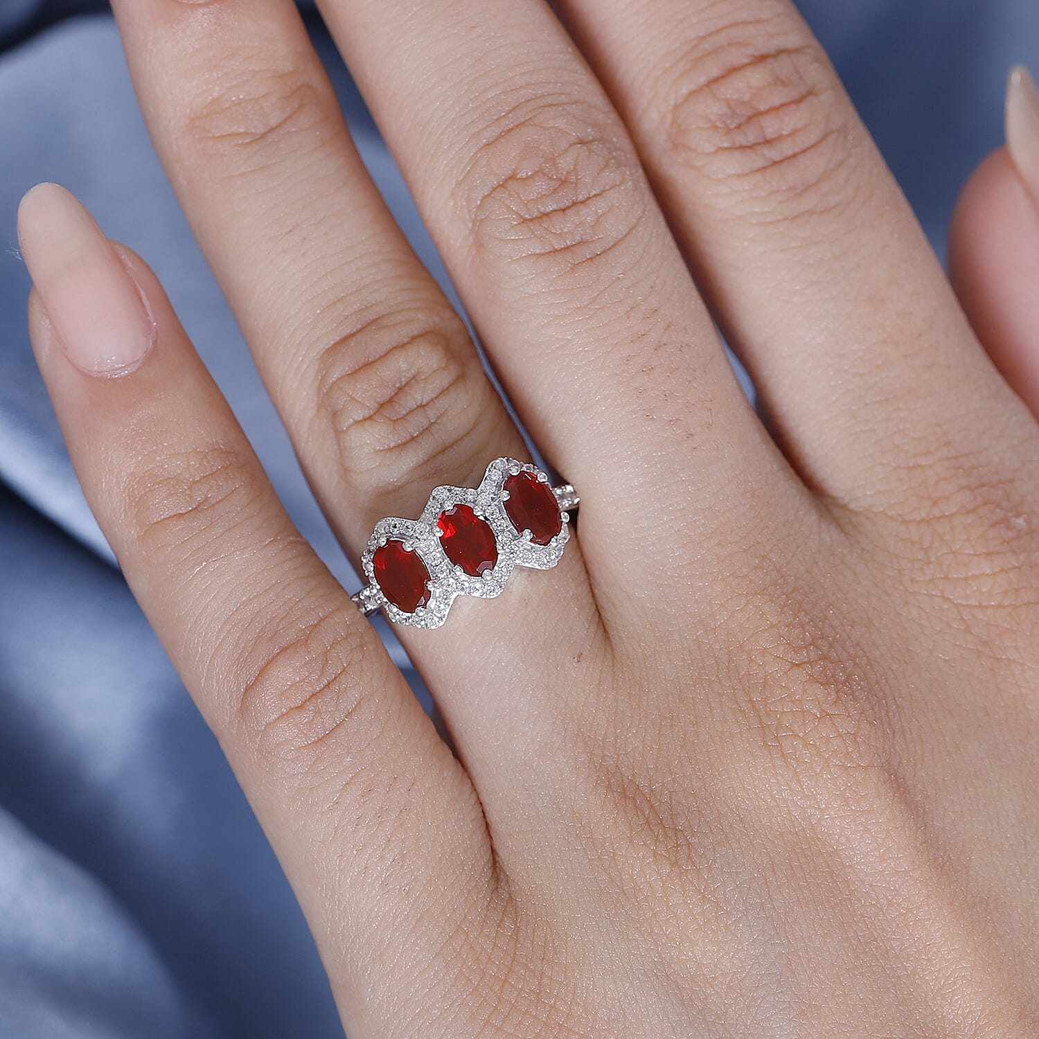 Salamanca Fire Opal & White Zircon Trilogy Ring in Rhodium Overlay Sterling Silver 2.26 Ct.