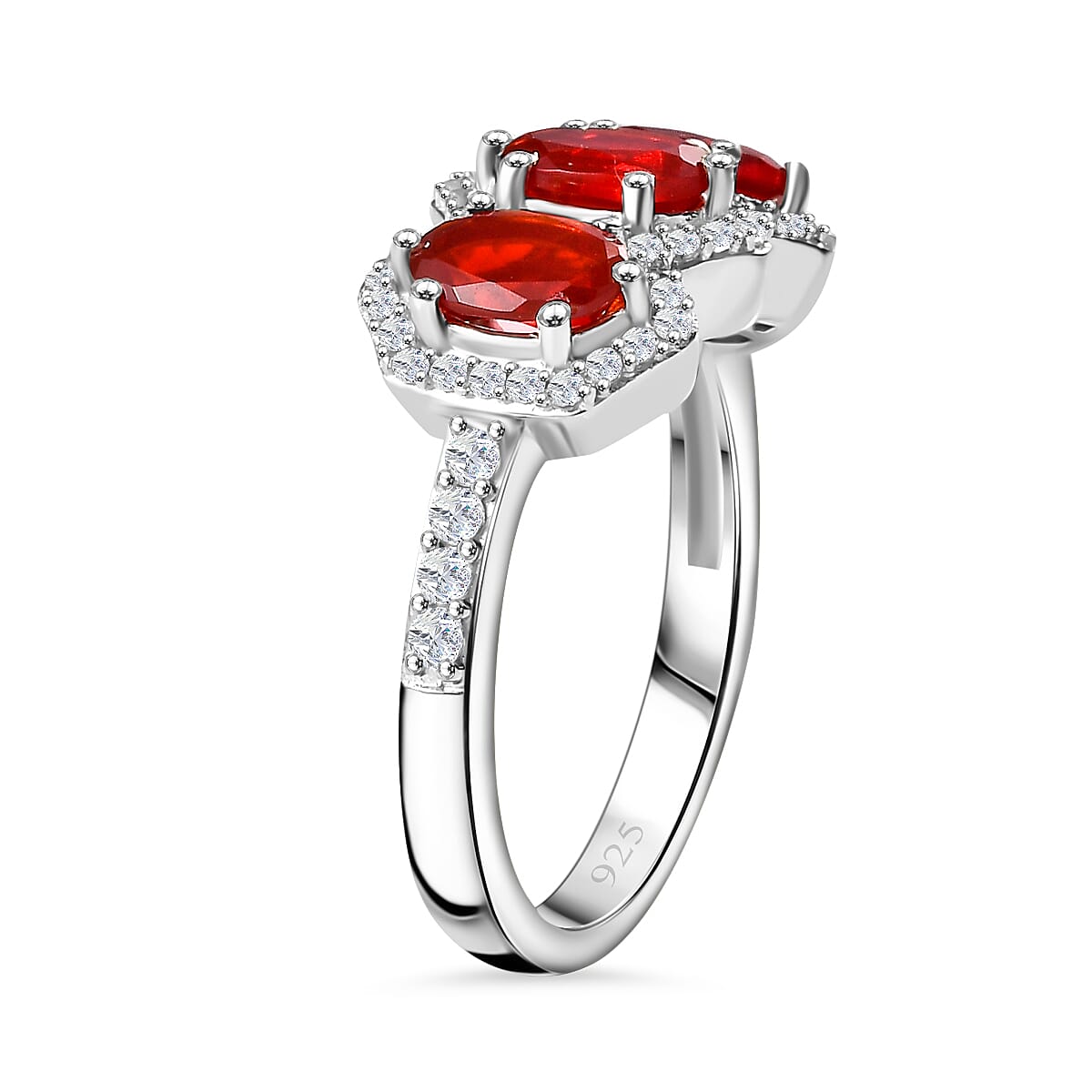 Salamanca Fire Opal & White Zircon Trilogy Ring in Rhodium Overlay Sterling Silver 2.26 Ct.