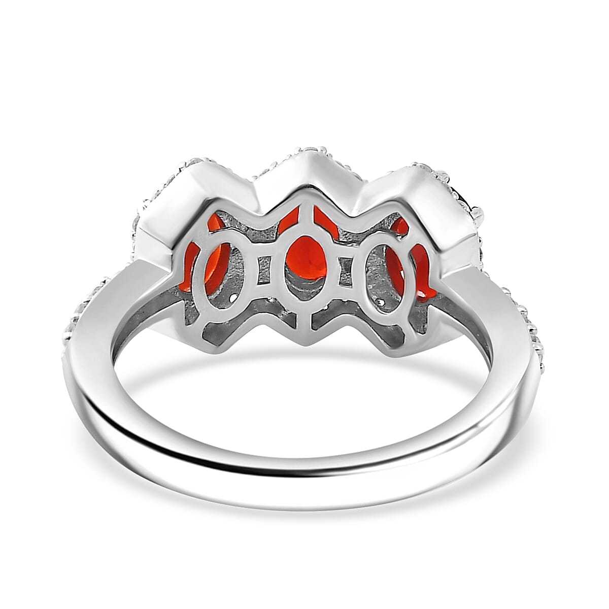 Salamanca Fire Opal & White Zircon Trilogy Ring in Rhodium Overlay Sterling Silver 2.26 Ct.