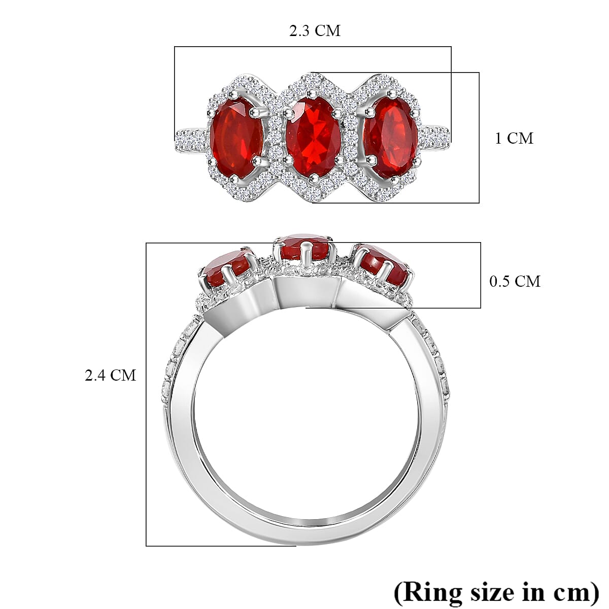 Salamanca Fire Opal & White Zircon Trilogy Ring in Rhodium Overlay Sterling Silver 2.26 Ct.