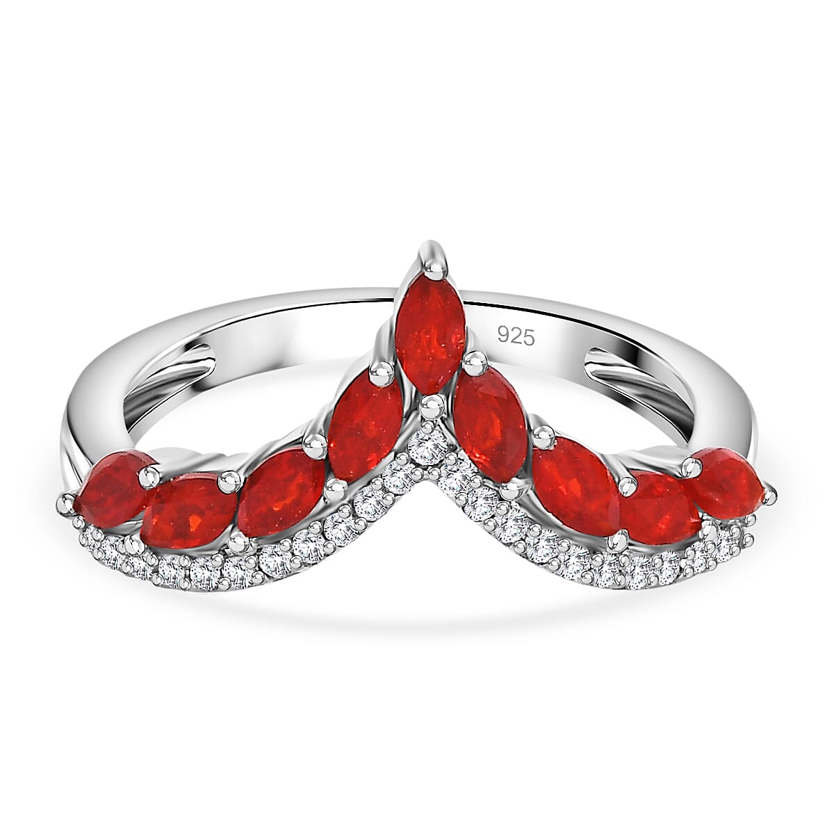 Cherry Fire Opal & White Zircon Ring in Rhodium Overlay Sterling Silver 1.18 ct