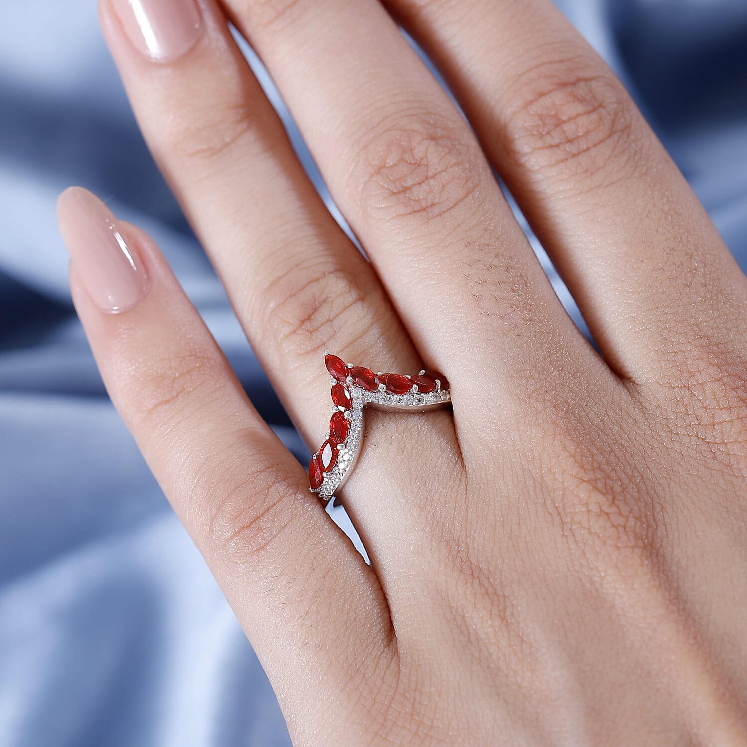 Cherry Fire Opal & White Zircon Ring in Rhodium Overlay Sterling Silver 1.18 ct