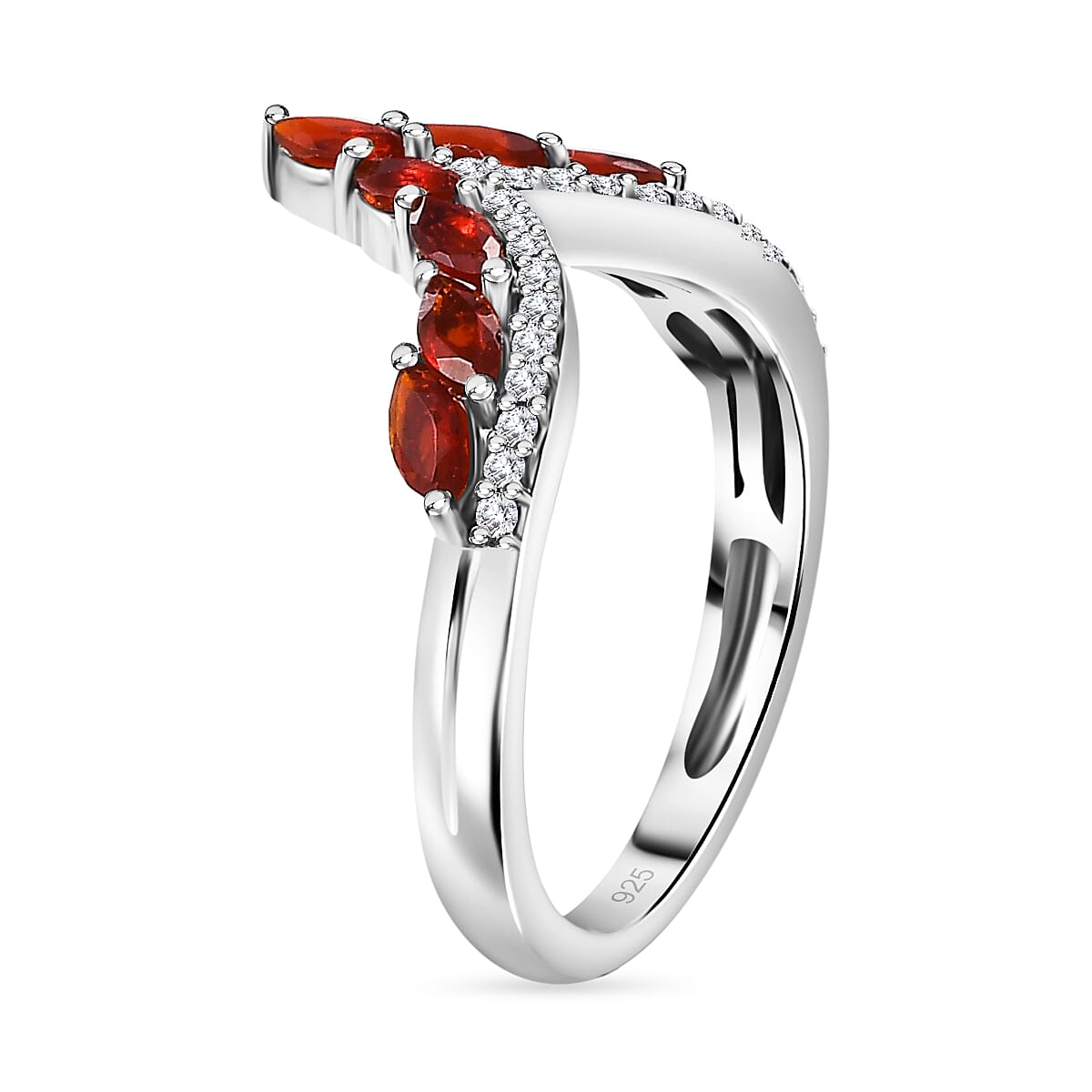 Cherry Fire Opal & White Zircon Ring in Rhodium Overlay Sterling Silver 1.18 ct