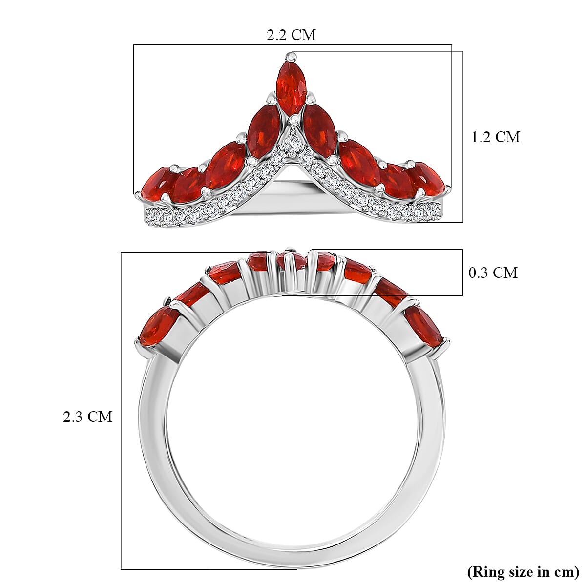 Cherry Fire Opal & White Zircon Ring in Rhodium Overlay Sterling Silver 1.18 ct