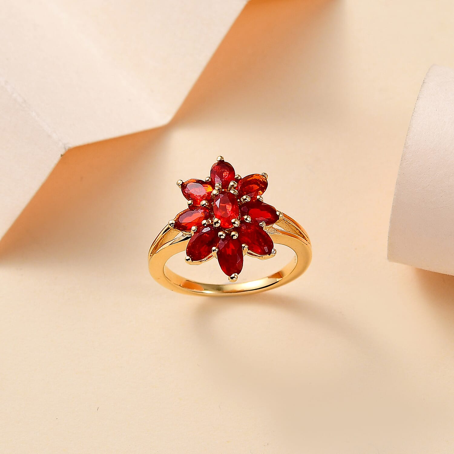 Cherry Fire Opal Ring in 18K Vermeil Yellow Gold Plated Sterling Silver 1.62 Ct.