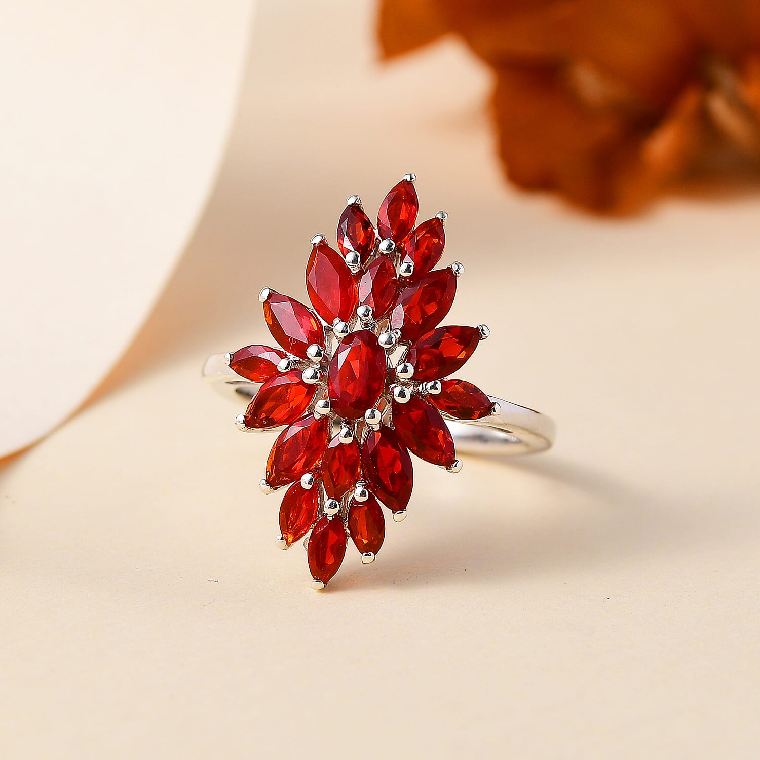 Salamanca Fire Opal Cluster Ring in Rhodium Overlay Sterling Silver 1.92 ct