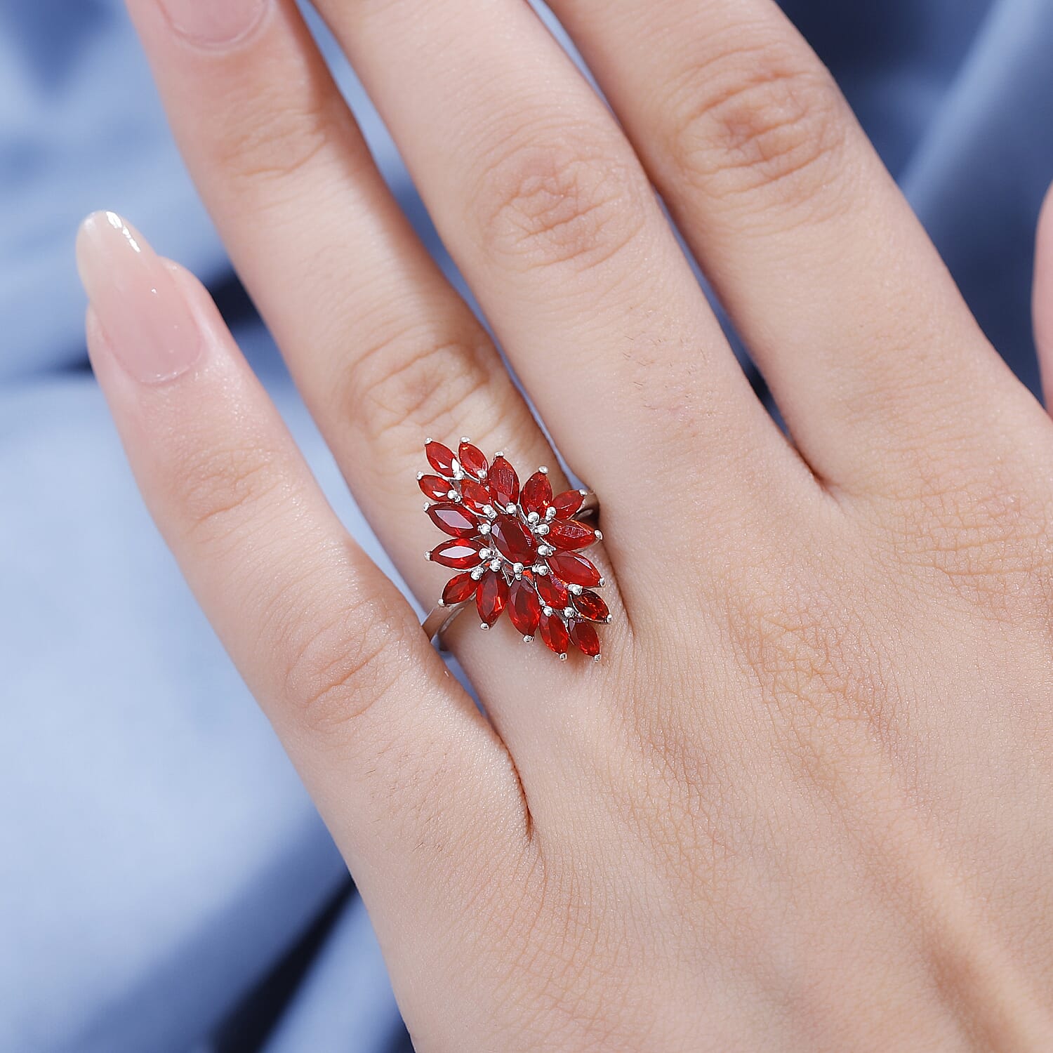 Salamanca Fire Opal Cluster Ring in Rhodium Overlay Sterling Silver 1.92 ct