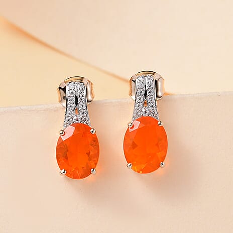 9K Yellow Gold  AAA Salamanca Cherry Fire Opal, Moissanite Push Back Earring 2.70 Ct