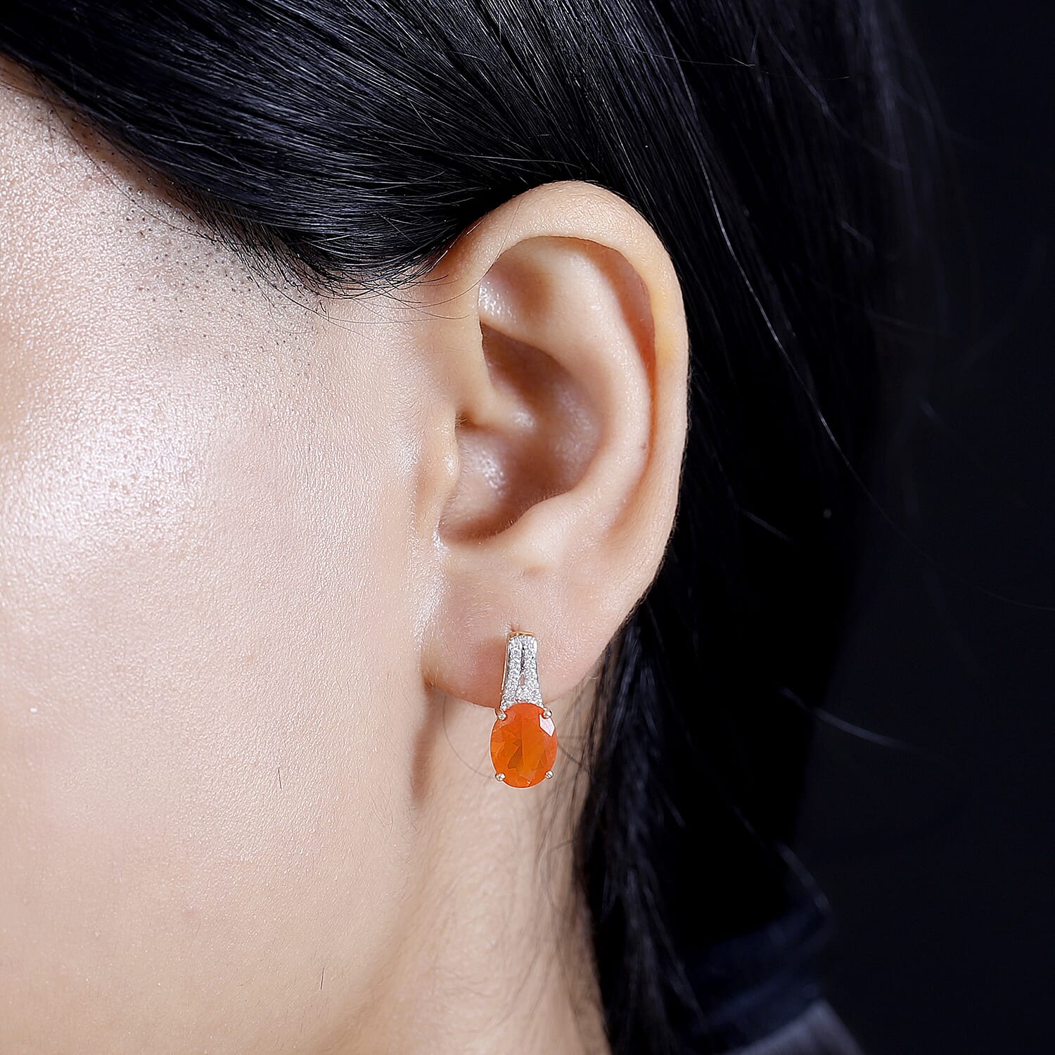 9K Yellow Gold AAA Salamanca Cherry Fire Opal & Moissanite Push Back Earring 2.71 Ct