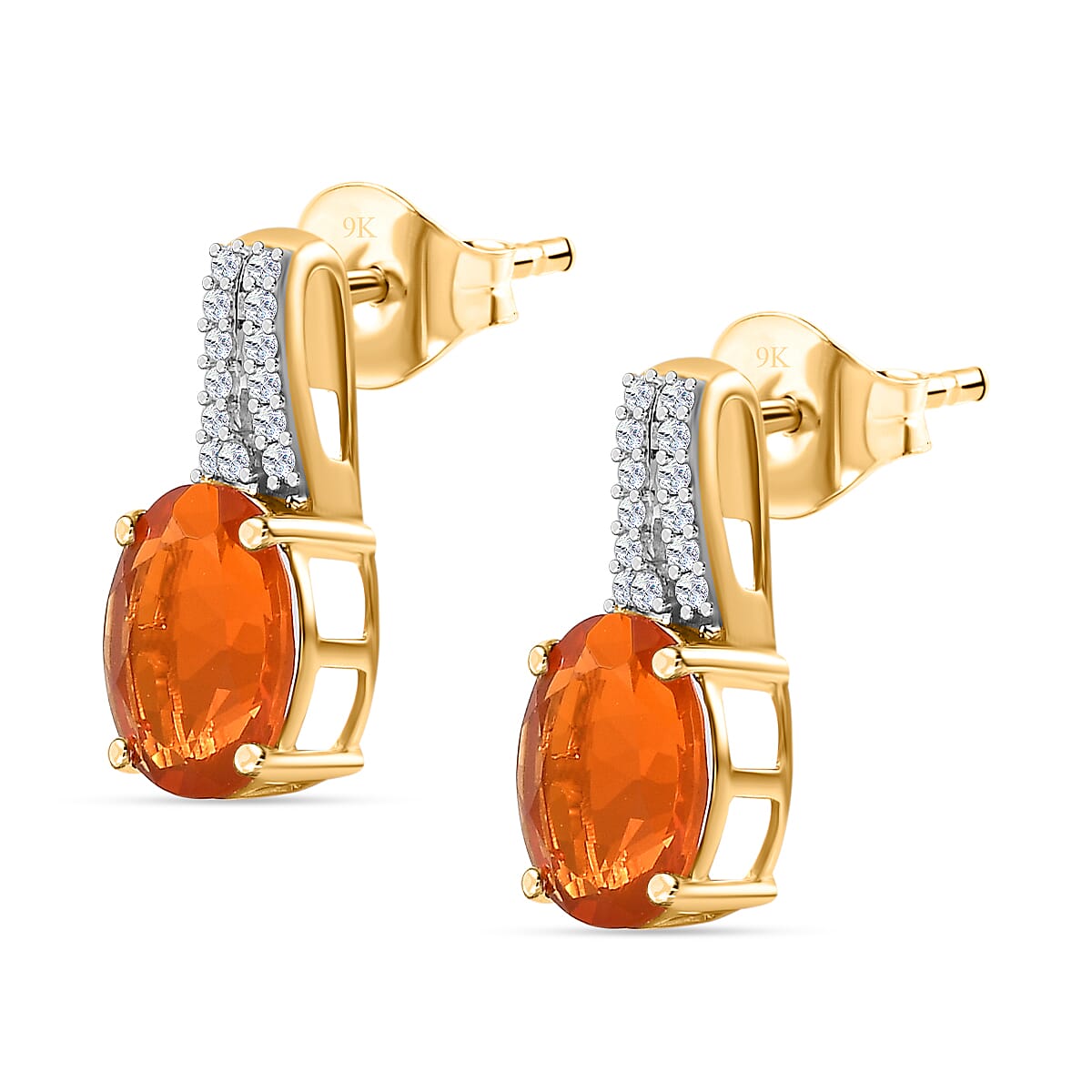 9K Yellow Gold AAA Salamanca Cherry Fire Opal & Moissanite Push Back Earring 2.71 Ct