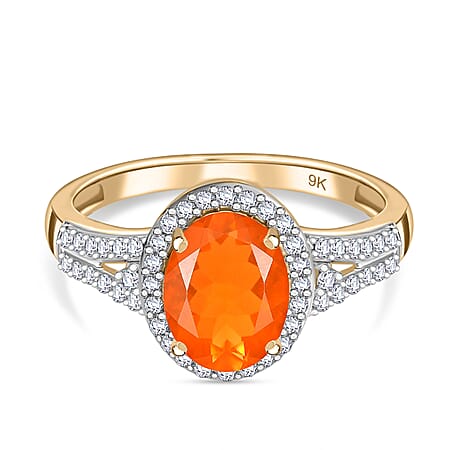 9K Yellow Gold AAA Fire Opal, Moissanite Halo Ring 1.90 Ct