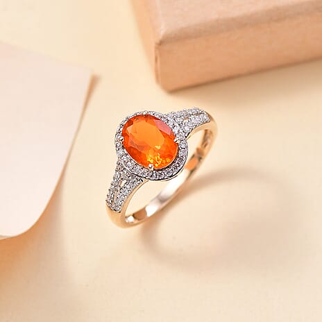 9K Yellow Gold AAA Fire Opal & Moissanite Ring 1.90 Ct