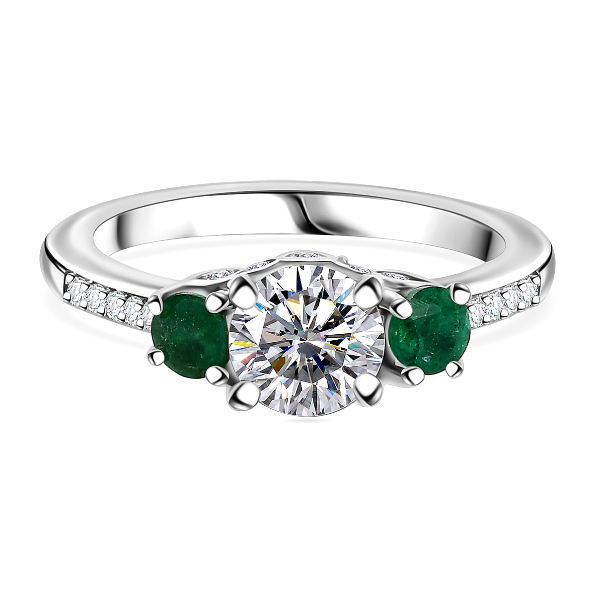 Moissanite ,  Premium Emerald  Main Stone With Side Stone Ring in rhodium Sterling Silver 1.33 ct  1.288  Ct.