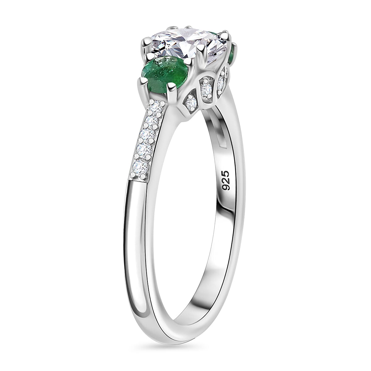 The MOISSANITE CONSORT RING with AAA Gemfileds Zambian Emerald in Platinum Overaly Sterling Silver Rhodium 1.29 Ct.