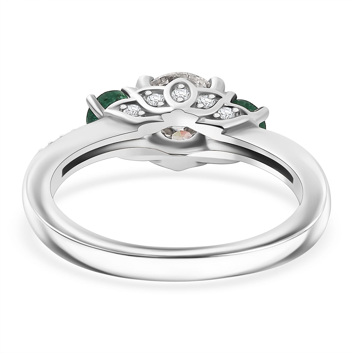 The MOISSANITE CONSORT RING with AAA Gemfileds Zambian Emerald in Platinum Overaly Sterling Silver Rhodium 1.29 Ct.