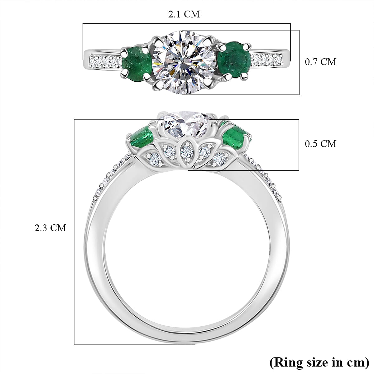 The MOISSANITE CONSORT RING with AAA Gemfileds Zambian Emerald in Platinum Overaly Sterling Silver Rhodium 1.29 Ct.
