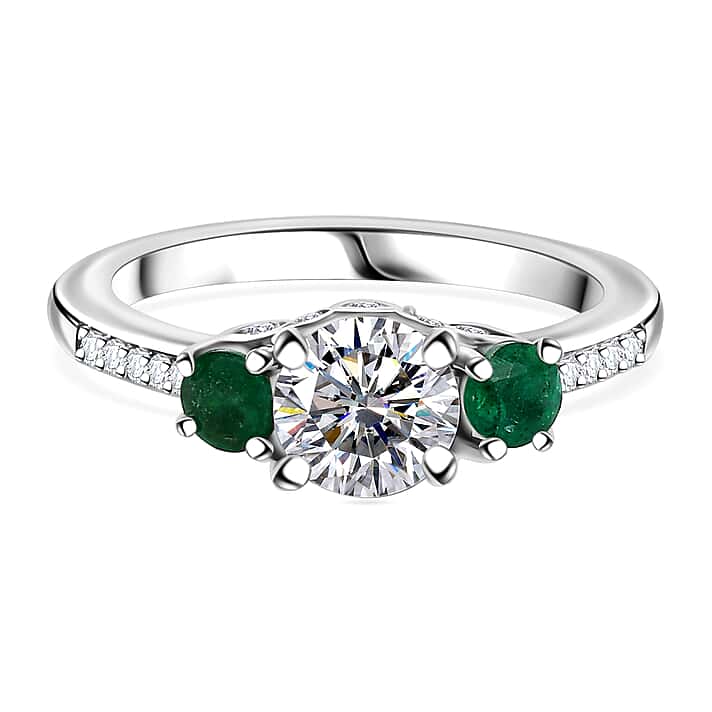 The MOISSANITE CONSORT RING with AAA Gemfileds Zambian Emerald in Platinum Overaly Sterling Silver
