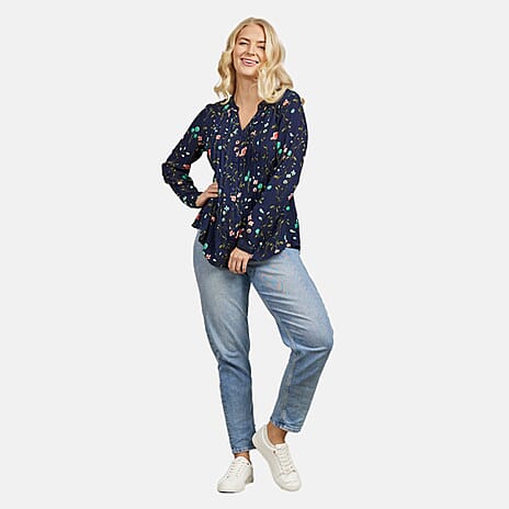 Mudflower 100% Viscose Floral Pattern Blouse (Size 12) - Navy