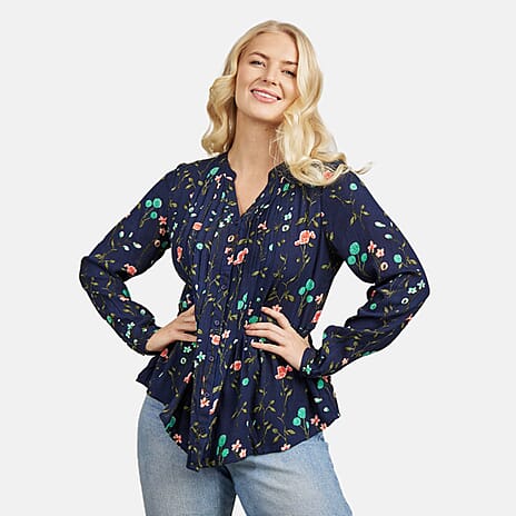 Mudflower 100% Viscose Floral Pattern Blouse (Size 12) - Navy