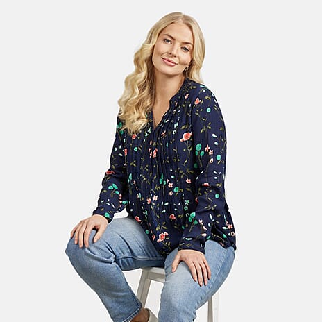 Mudflower 100% Viscose Floral Pattern Blouse (Size 12) - Navy