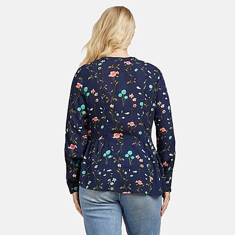 Mudflower 100% Viscose Floral Pattern Blouse (Size 12) - Navy