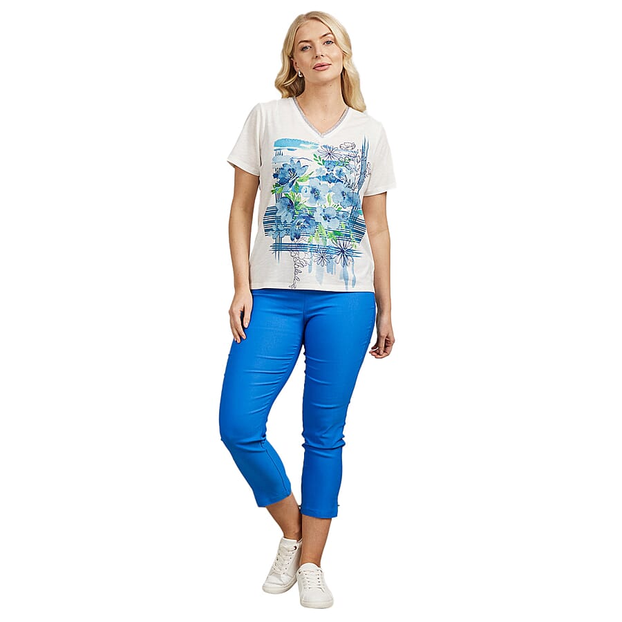 Mudflower Floral Pattern V-Neck T-Shirt (Size 12) - Blue